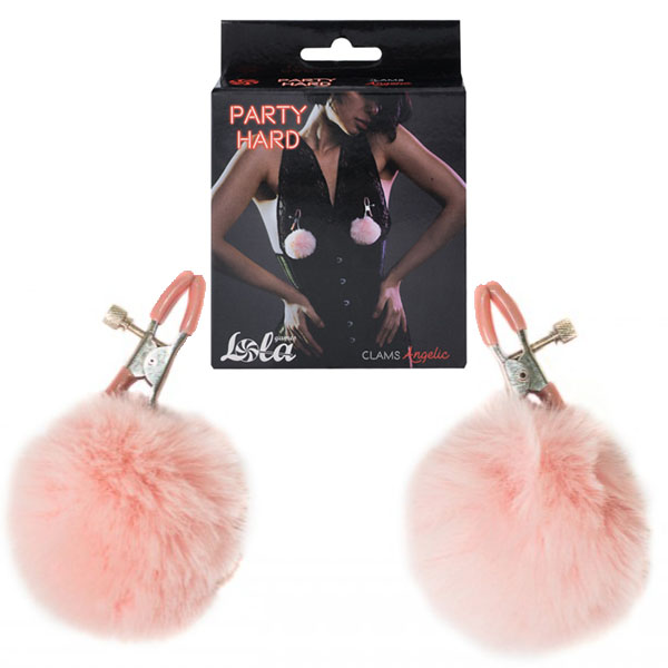 Щипки за зърна с пух, регулируеми и игриви – Party Hard Angelic Pink