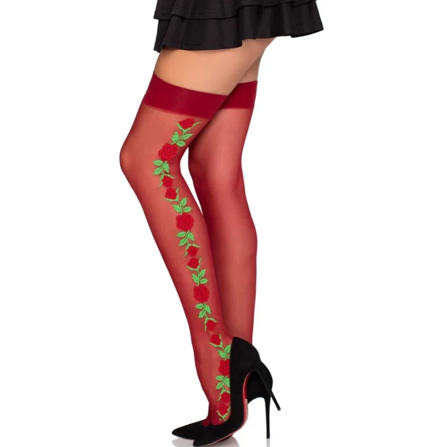 LEG AVENUE - 1957 GARTER BELT STOCKINGS WITH RED FLOWERS - ONE SIZE — 2