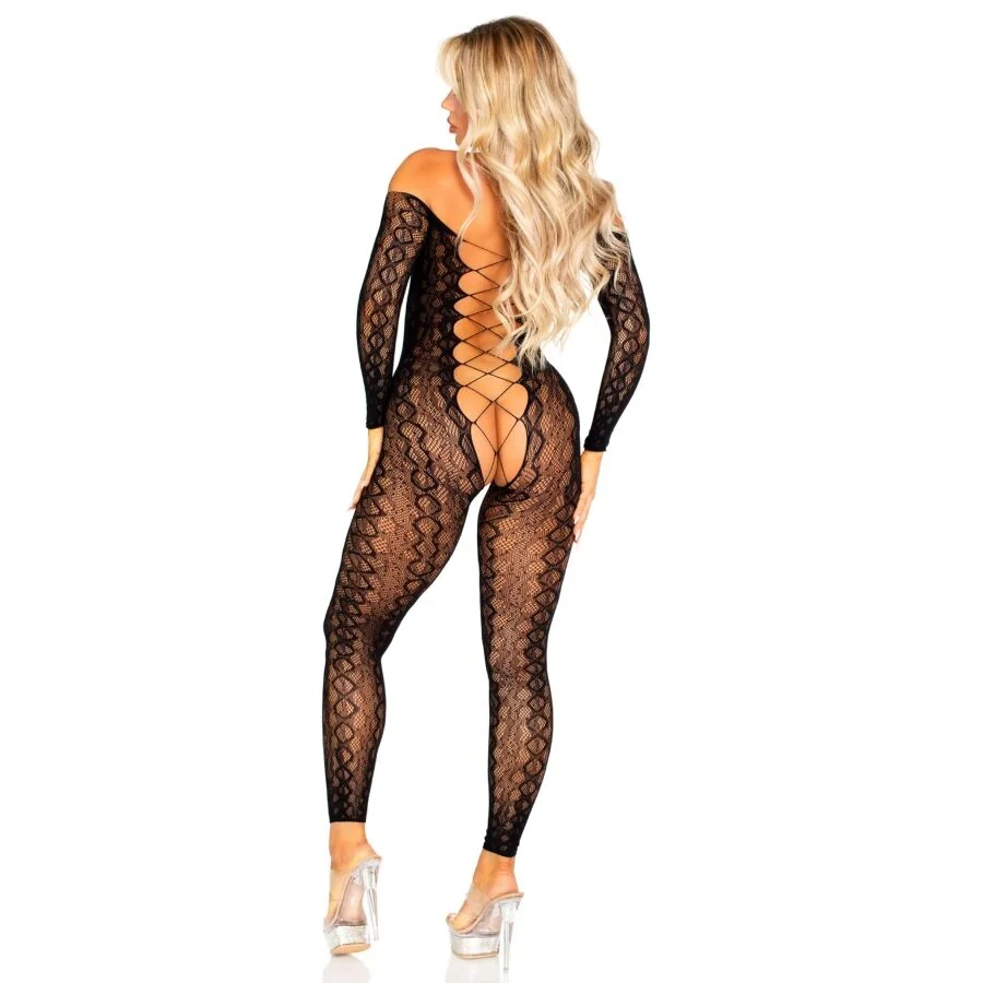 отворено дъно и змийски мотив - Bodystocking Black S/M/L на супер цена в Passion.bg