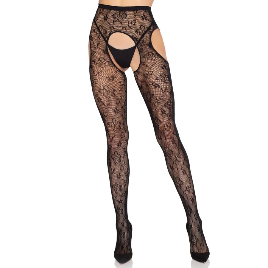 LEG AVENUE - 1967 BLOOM NET SUSPENDER TIGHTS BLACK - ONE SIZE — 4