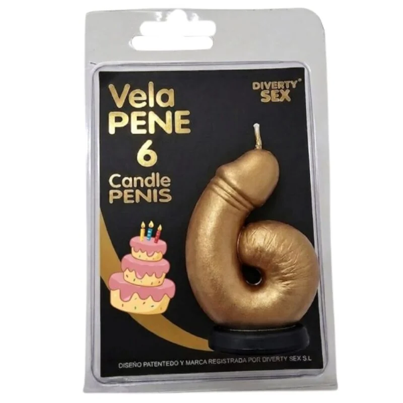 DIABLO PICANTE - PENIS CANDLE IN THE SHAPE OF THE NUMBER 6 GOLD COLOR